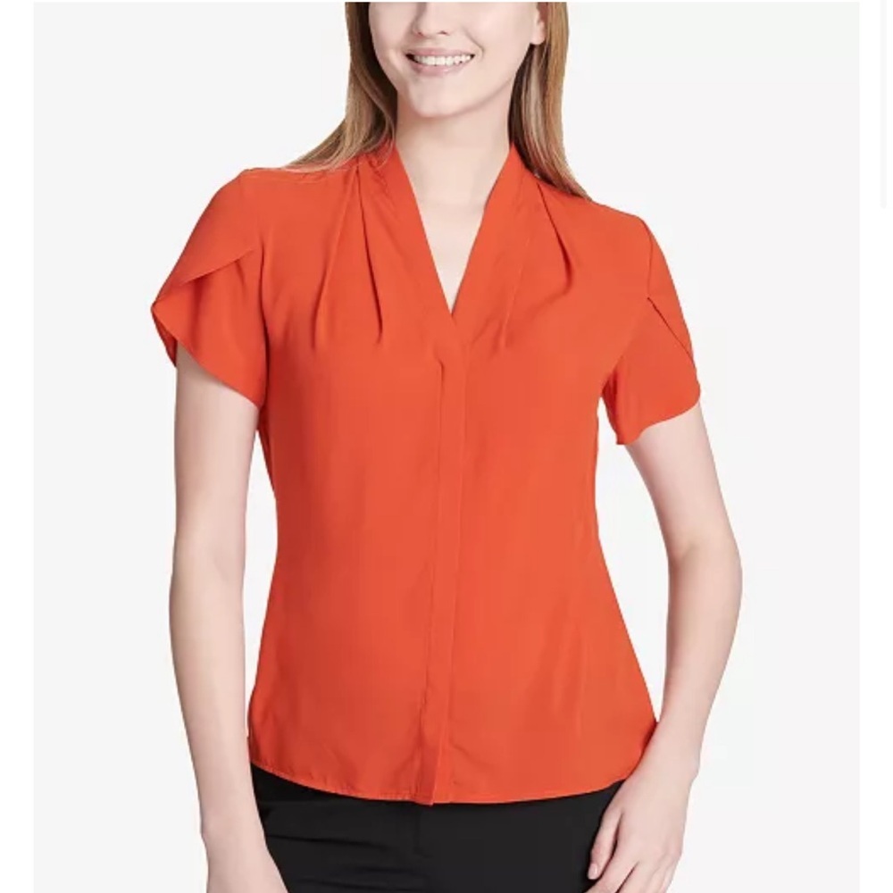 Calvin Klein Flutter Sleeve V-Neck Blouse Women Large‎ Orange NWT
